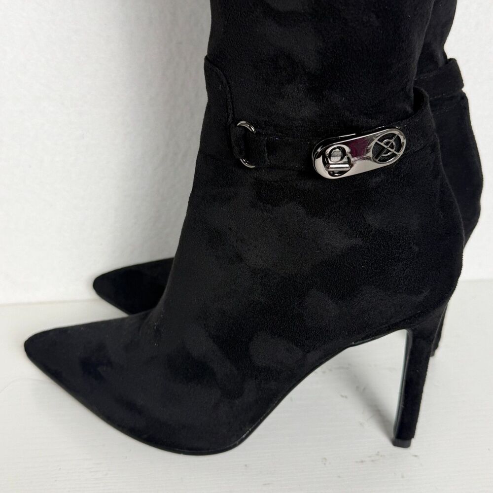 Women’s Size 8 Black Knee High Stiletto Boots Pointed Toe Buckle Y2K Sexy - Picture 4 of 9